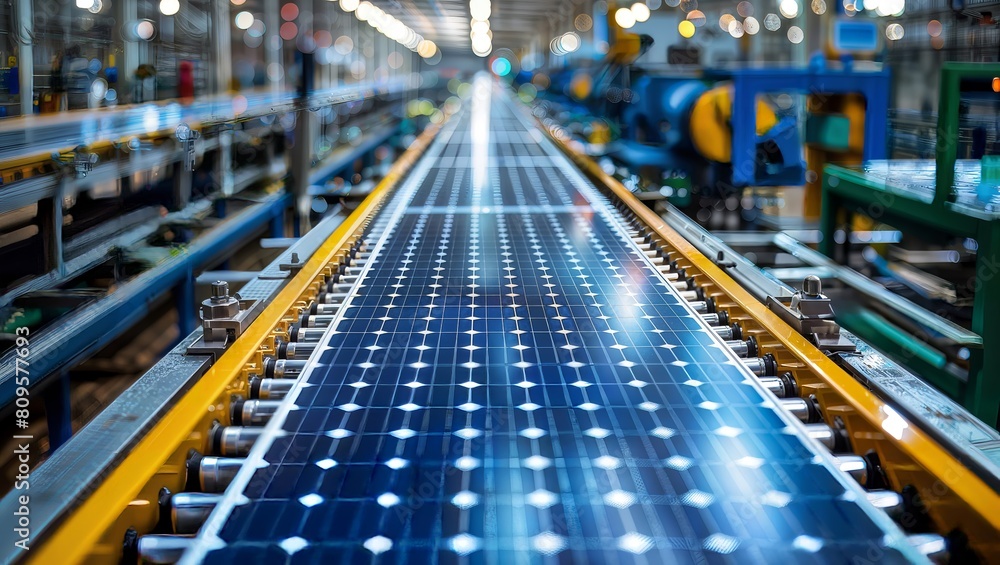 Wall mural striking photograph of a high-tech manufacturing line with rows of blue solar panels under productio - Wall murals