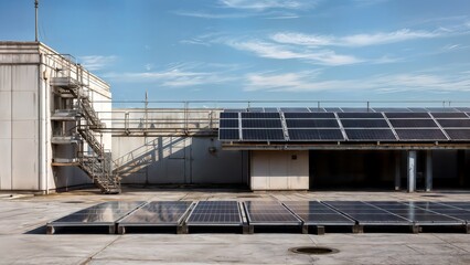 Fototapeta premium An industrial building with rooftop solar panels, metal staircase, and a utility pole on a sunny day with few clouds in the blue sky, showcasing renewable energy adoption.