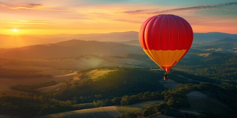 Obraz premium A serene scene with a red hot air balloon gliding over rolling hills as the sun sets, casting a warm glow over the landscape