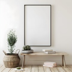 Rustic Portrait Frame Mockup on Shelf with Plants for Photography Display