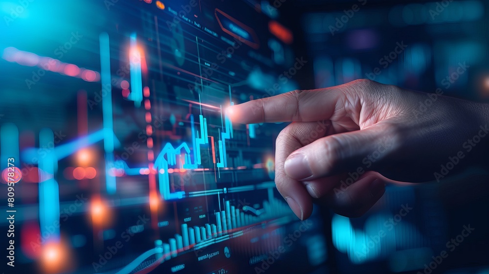 Poster executive analyzing progressive financial trends on futuristic metaverse interface with dynamic inve