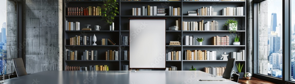 Poster The style is modern light with a blank mockup banner on the wall, shelves or a library interior with a workspace, a window and a view of the city. This rendering is in 3D.