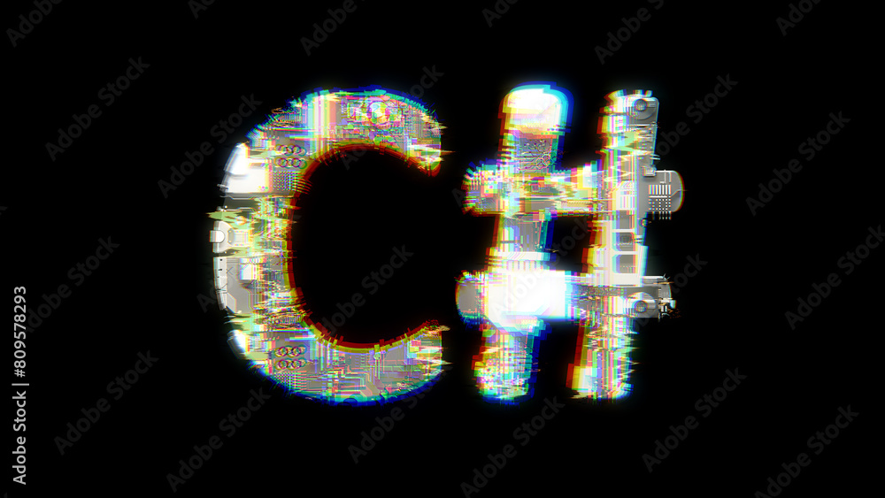 Poster glitch and chromatic aberrance cybernetical text c# on black, isolated - object 3d rendering