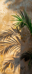 Warm vertical images of palms and their shadows on a yellow toned wall, space for copy, aspect ratio 3:7