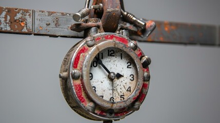 Closeup image of an old alarm clock clamped tightly, symbolizing stress or time management