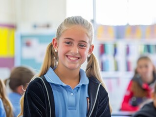 A girl with long blonde hair is smiling and wearing a blue polo shirt - Powered by Adobe