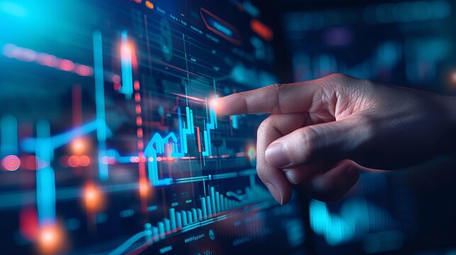Executive analyzing progressive financial trends on futuristic metaverse interface with dynamic investment charts and digital economic indicators