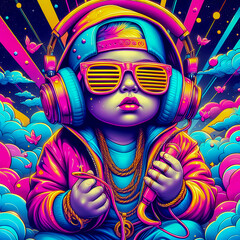 Digital art vibrant colorful cool hiphop baby wearing headphones vibin to music