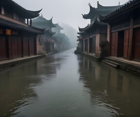 An ancient town in China, rain, fog, looking at the lens, through the 50mm photography.generative.ai 