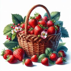 A watercolor basket with strawberries, isolated on a white background - Concept of nourishment, abundance, and harvest - Basket with forest fruit