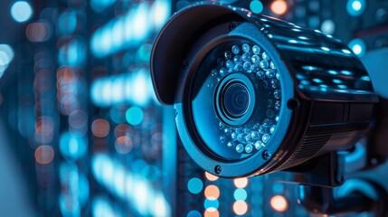 Hightech surveillance camera set against a bokeh light background in a server room