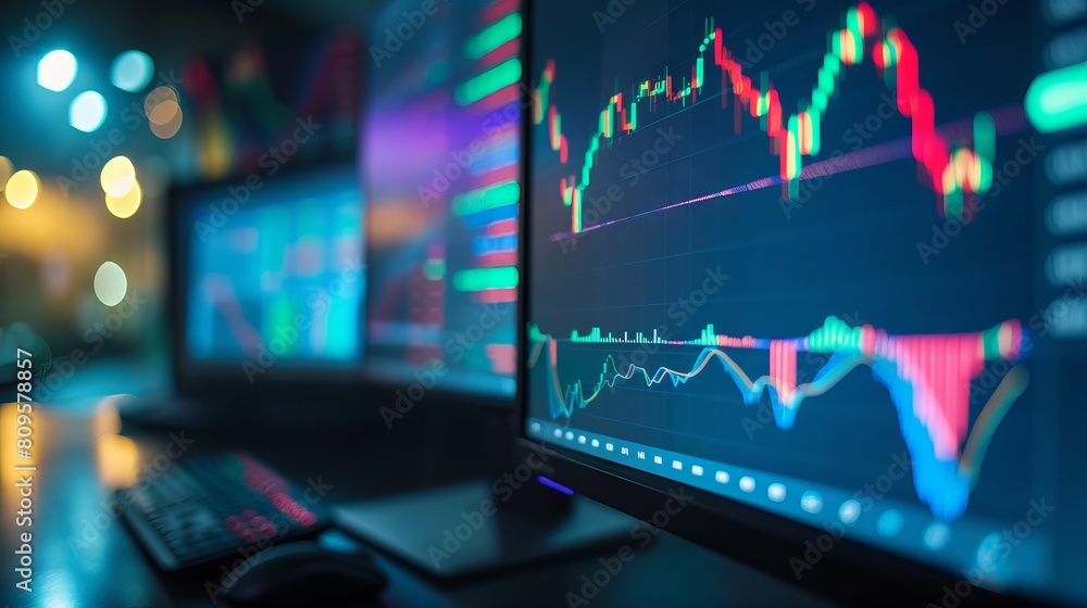 Poster detailed financial analysis: high-resolution computer monitor showcasing dynamic stock market graphs