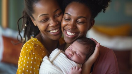 Portrait of happy female Gay couple with baby at home. Two black weman with a child. Pure Happiness of an LGBT Family as They Lovingly Embrace the Gift of Adoption, Fostering Everlasting Bonds