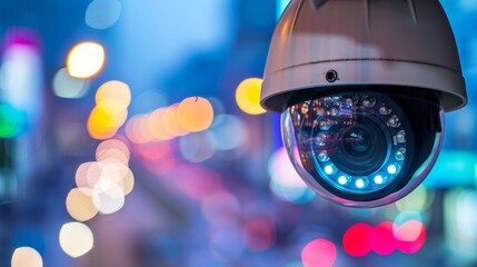 Closeup of a cctv camera with city lights bokeh in the backdrop