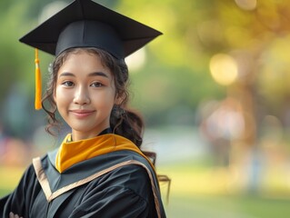 A woman wearing a blue graduation cap and gown with a yellow tassel