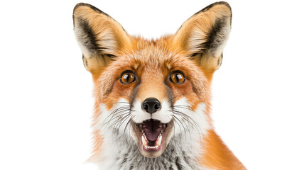 Fototapeta premium A striking close-up portrait of a red fox with its mouth open, transparent background.