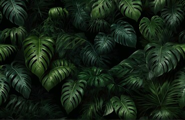 Tropical green leaves on dark background, nature summer forest plant concept