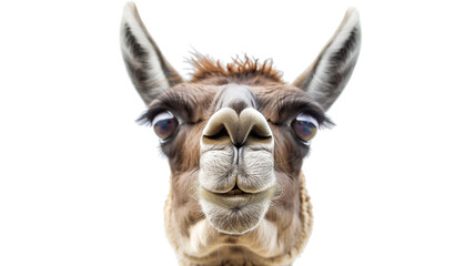 A llama is looking at the camera with a funny expression on its face.transparent background.