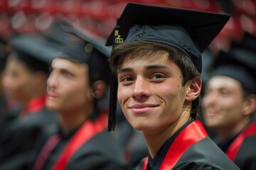 Fototapeta premium A young man wearing a black cap and gown is smiling for the camera