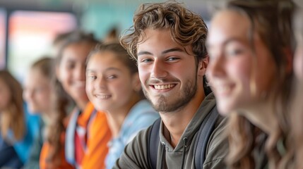 Fototapeta premium A girl with long blonde hair is smiling and standing next to two other people