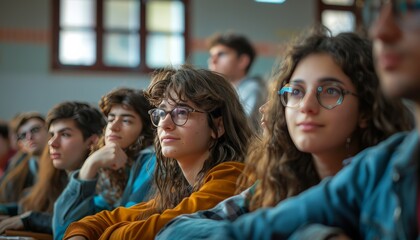 A group of people are sitting in a classroom, with one girl wearing glasses