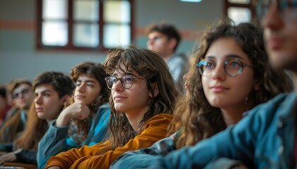 Obraz premium A group of people are sitting in a classroom, with one girl wearing glasses
