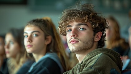 A young man with a beard and a girl with long hair are sitting in a classroom
