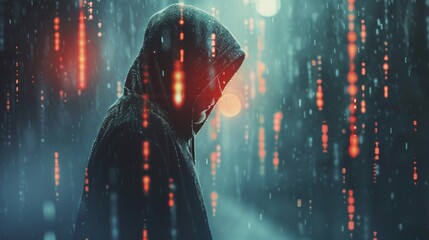 Mysterious computer hacker in a hoodie surrounded by digital rain, symbolizing cyber threats