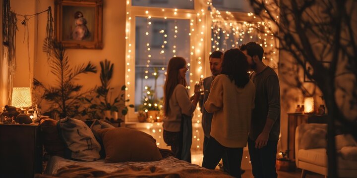 People at an intimate house party with warm string lights and decorations