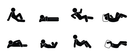 stick figure man, stickman icon, isolated people silhouettes, man lying resting, basic poses
