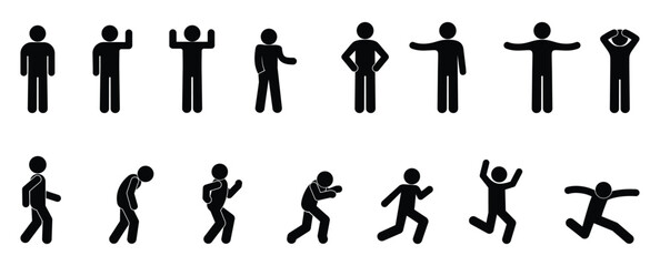 stick figure man, stickman icon, isolated people silhouettes, man standing, running, walking
