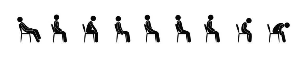 man sitting, stick figure icon man, sitting people, human silhouette on a chair