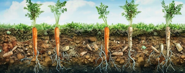 Underground view of carrots growing in soil