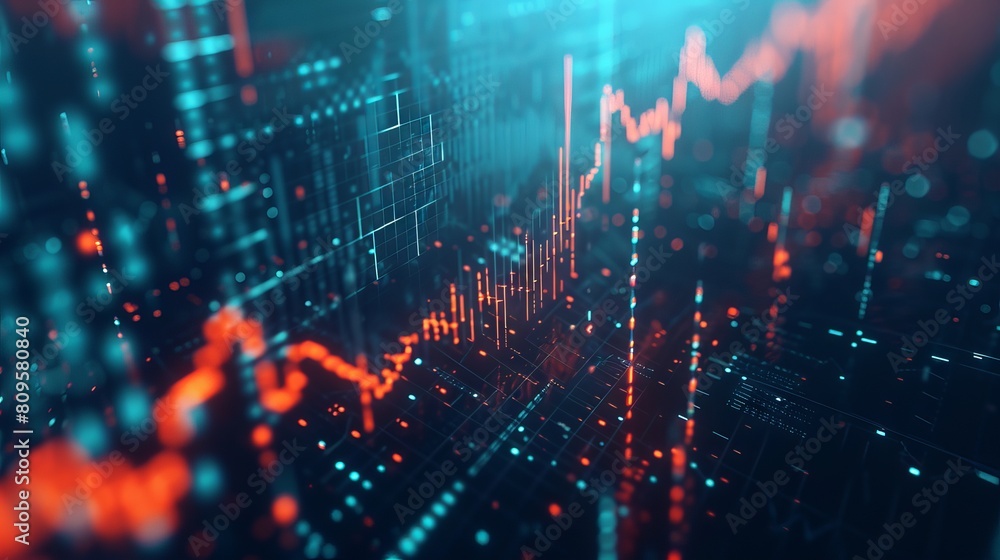 Wall mural Detailed analysis of stock market trends: zoomed-in view of rising candlestick chart patterns on a blue monitor display