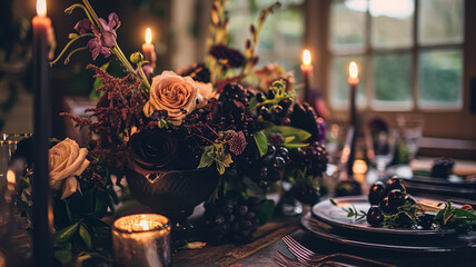 Dinner table setting in the warm glow of candlelight, tablescape featuring floral centerpiece, elegant burgundy glassware, and luxurious gold cutlery, all contributing to a sophisticated dining