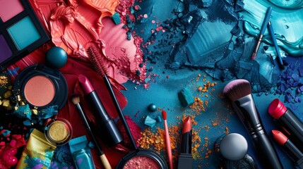 A dynamic banner featuring an assortment of makeup products. - obrazy, fototapety, plakaty