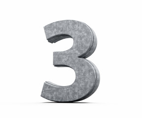 Concrete Number Three 3 Digit Made Of Grey Concrete Stone On White Background 3d Illustration