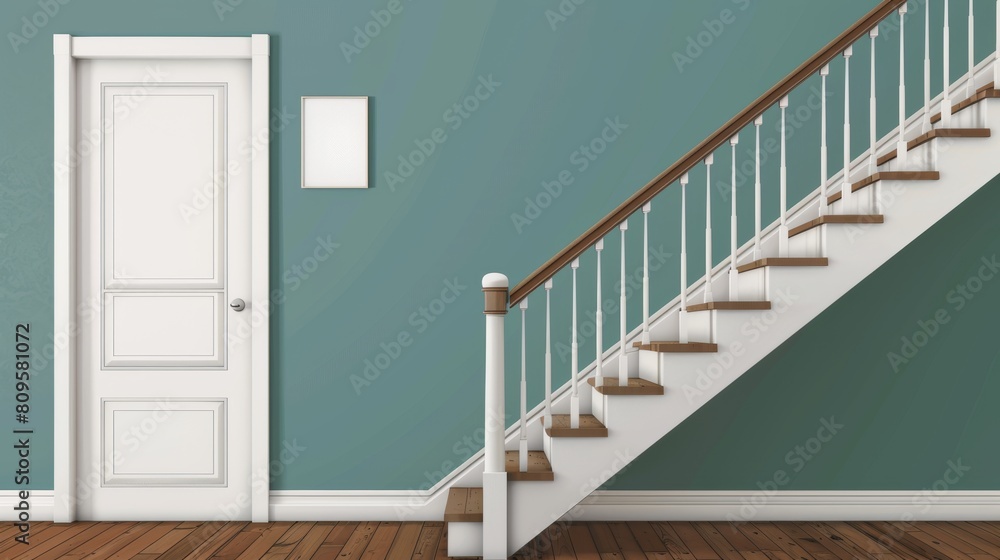 Aufkleber an empty room with a staircase and closed door. the photo was created using a modern graphics progra