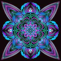 Oriental motifs, bright multi-colored ornament on a dark, black background, modern, ethnic pattern, India, mandala, richly decorated, gold, luxury