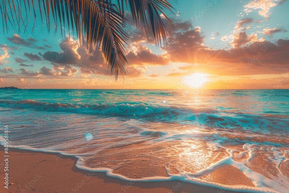 Wall mural Perfect beach sunset. Beautiful tropical beach scene for background or wallpaper. Summer vacation holiday concept design and copy space with generative ai