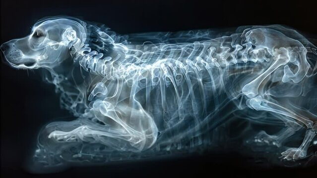 Veterinary x-ray of a dog showing the skeletal structure, used by veterinarians to diagnose and treat injuries or diseases in pets.