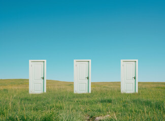 Three white doors standing upright in an open grassy field under a clear blue sky.