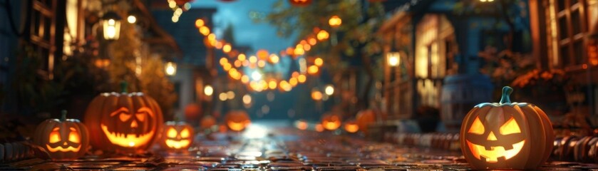 The AI-generated photo shows a street decorated with Halloween pumpkins and lights.