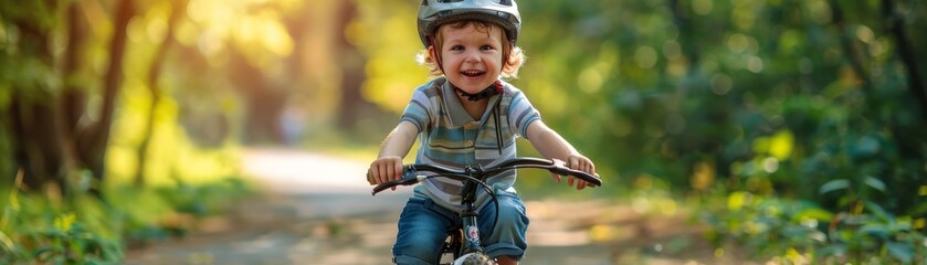 Obraz premium Kids bicycle riding in the park. Little boy riding bicycle. Child in helmet riding bike. Boy starting to ride a bicycle. Sporty kid biking on bikeway.