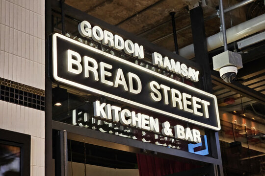 Bangkok, Thailand May 08, 2024 Bread Street Kitchen and Bar sign. It is the first restaurant of Gordon Ramsay that is located at Emsphere, Bangkok Thailand.