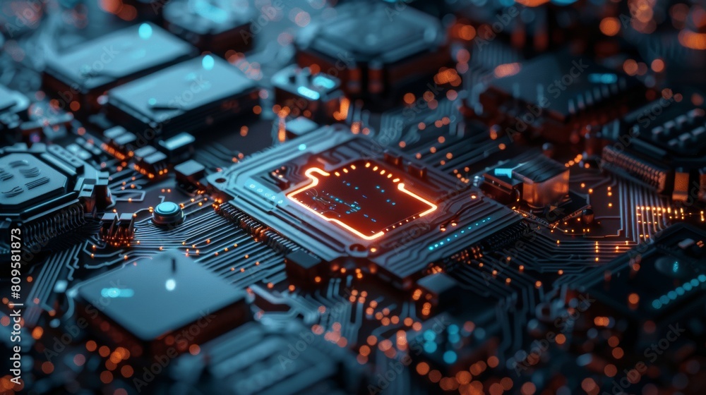 Poster closeup of an encrypted data chip on a circuit board, symbolizing advanced cybersecurity