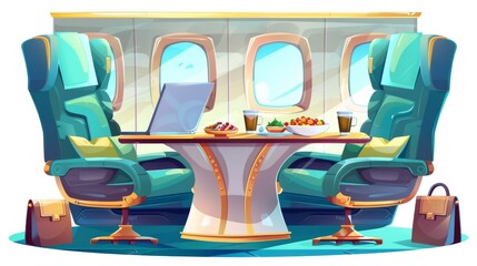 A luxury private jet interior with armchairs, a laptop table, food, and drinks. This modern cartoon illustration depicts the cabin of a business class plane intended for rich passengers. - obrazy, fototapety, plakaty