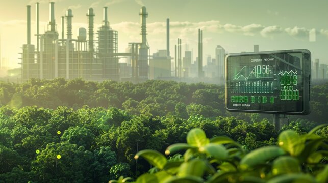 A digital scale display, showing numerical values of carbon footprint and green investments equally balanced, against a backdrop of an industrial cityscape and a green forest.