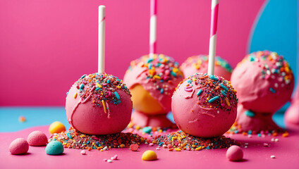 Four pink cake pops covered in rainbow sprinkles with white sticks sit in front of a blue and pink...