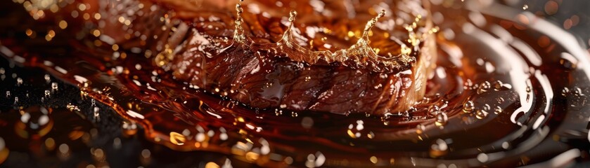 Close-up image of a juicy steak caught in a dynamic oil splash, with droplets glittering around the richly textured meat, highlighting culinary artistry.